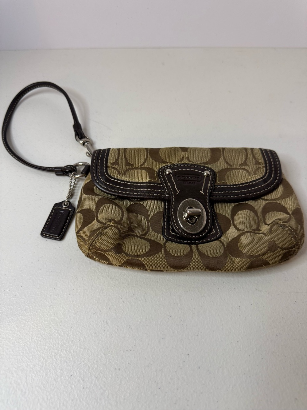 Coach Vintage Legacy Signature Canvas Turnlock Flap Wristlet Khaki